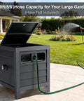Heavy Duty 150 Ft 5/8 Inch Garden Hose Reel Box With Manual Crank Large Capacity Hose Storage Deck Box Hose Guide Includes 6 Ft Lead In Hose Leak Proof Aluminum Water Connection No Hassle Assembly Black in garden setting