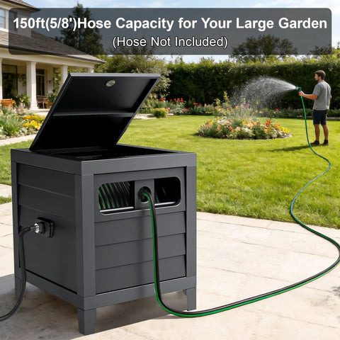 Heavy Duty 150 Ft 5/8 Inch Garden Hose Reel Box With Manual Crank Large Capacity Hose Storage Deck Box Hose Guide Includes 6 Ft Lead In Hose Leak Proof Aluminum Water Connection No Hassle Assembly Black in garden setting
