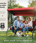 Family enjoying Three Seat Patio Swing With Canopy For Backyard Or Porch Convertible Glider Bed in Burgundy, 750 lb capacity.