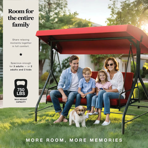 Family enjoying Three Seat Patio Swing With Canopy For Backyard Or Porch Convertible Glider Bed in Burgundy, 750 lb capacity.
