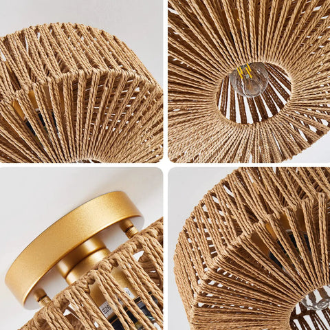 Boho Rattan Ceiling Light Fixture Hand Woven Cage Shade Semi Flush Mount Farmhouse Style Close To Ceiling Lamp Details