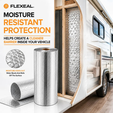 Heavy Duty Double Bubble Insulation Roll With 4 Layer Reflective Foil Barriers deflects radiant heat in RV vehicle interior.