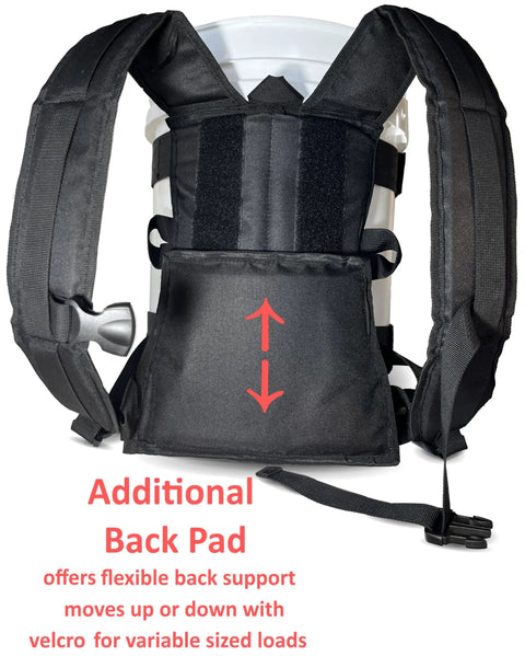 Rear view of Heavy Duty Five Gallon Bucket Backpack For Fishing And Apple Picking showing padded back support and adjustable straps.