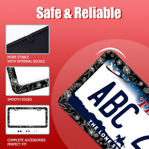 Floral Line Art License Plate Frame With Stainless Steel Durability Beautiful Flower Design That Pops Fits Standard US And Canada Vehicles Includes Screws And Caps 12.2 By 6 Inches Two Hole Mount Car Decor Accessory with smooth edges and internal buckle.