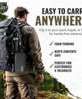 Rugged Waterproof Case With Airtight Gasket Seal And Foam Interior attached to backpack during outdoor adventure