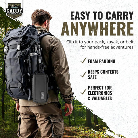 Rugged Waterproof Case With Airtight Gasket Seal And Foam Interior attached to backpack during outdoor adventure