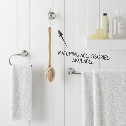 8 Inch Widespread Bathroom Sink Faucet With 3 Hole Configuration Dual Handles Polished Chrome Vanity Faucet Featuring Push And Seal Drain And Pfast Connect Technology showcased with matching towel bar and hook accessories on white panel wall
