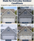 Garage doors with "32 Piece Magnetic Faux Window Panels For Steel Garage Doors, 6x4 Inch Each, Glossy Realistic Look" in four weather conditions.