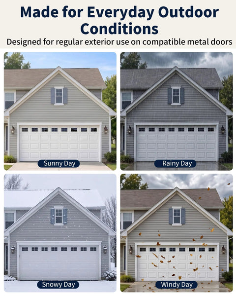 Garage doors with "32 Piece Magnetic Faux Window Panels For Steel Garage Doors, 6x4 Inch Each, Glossy Realistic Look" in four weather conditions.