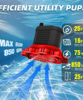 Heavy Duty Pool Cover Pump For Above Ground Pools, 850 GPH Submersible Water Pump showing 25ft power cord and max flow.
