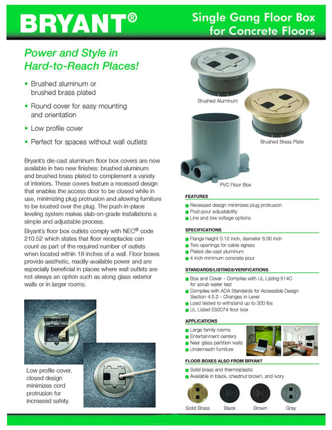 Preassembled Flange Cover And Leveling Ring For Floor Boxes Poured In Concrete With 15A 125V Outlet Included Brass Fits RF400 Floor Box No Fuss Easy Push In Leveling System For Quick Slab On Grade Install visible: brushed brass plate, PVC floor box, product specifications printed.