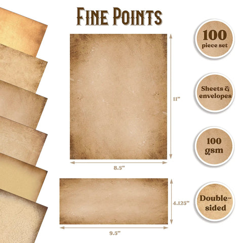 Image showing Old School Vintage Aged Parchment Paper Stationery Set with sizes, features, and antique designs details.