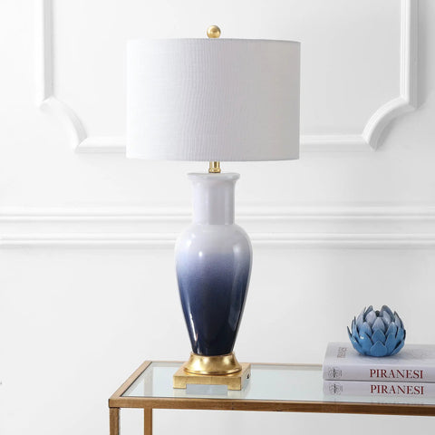 Dip Dye Ceramic Table Lamp, 31.5 Inch Height, White Navy Blue Gradient, on bedside table with gold base, white linen shade