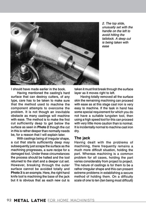 Metal Lathe for Home Machinists book page: side-angle view of lathe with cutting tool in chuck; black-and-white.