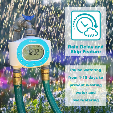 Two Zone Hose Timer For Garden And Lawn With LCD Display and Rain Delay Dual Outlet Sprinkler Controller in outdoor garden setting.