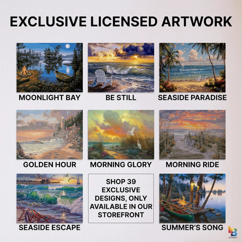 Exclusive licensed artwork collage with eight nature-themed paintings for Do It Yourself Paint By Numbers Kit For Adults With Framed Canvas.