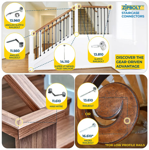 Angled Slipfix Railbolt Handrail To Newel Post Connector for upper connection Model 13960 installation on stairs and railing system