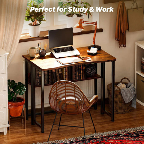 Foldable Computer Desk With Storage Shelf For Small Spaces Space Saving Sofa Table Beside The Couch Easy To Fold Rustic Brown Finish