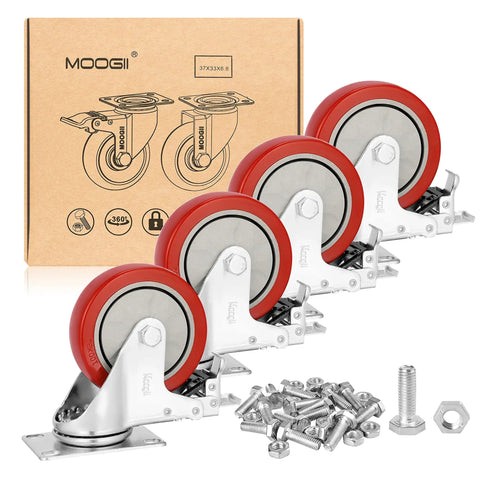 4 Inch Heavy Duty Casters With Dual Locking Swivel Wheels And Non Marking Polyurethane Tires For Shock Absorbing Glide Supports A Beastly 1800 Pounds in a set with hardware.