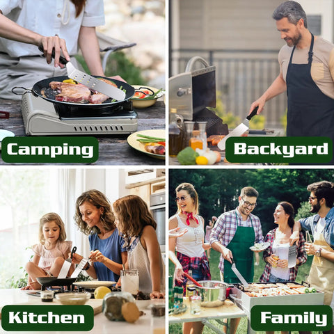 134 Piece Griddle Accessories Kit For Hibachi Flat Top Grills Perfect For Outdoor BBQs displayed in camping and family settings