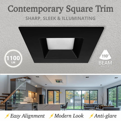 4 Pack Black 6 Inch Square LED Can Lights With 5 CCT Selectable 2700K To 5000K, 1100 Lumens, 14W, Dimmable, Retrofit Recessed Lighting