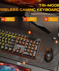 Slick Wireless Gaming Keyboard With Volume Knob And Tri Mode Bluetooth 2 4G Plus Usb C Plug In Setup showing mechanical keys and RGB lighting.