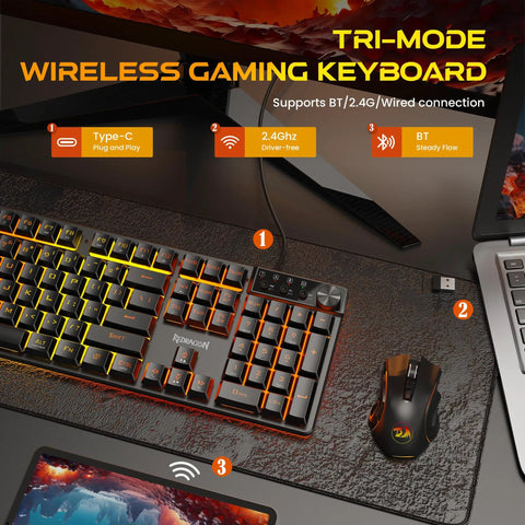 Slick Wireless Gaming Keyboard With Volume Knob And Tri Mode Bluetooth 2 4G Plus Usb C Plug In Setup showing mechanical keys and RGB lighting.