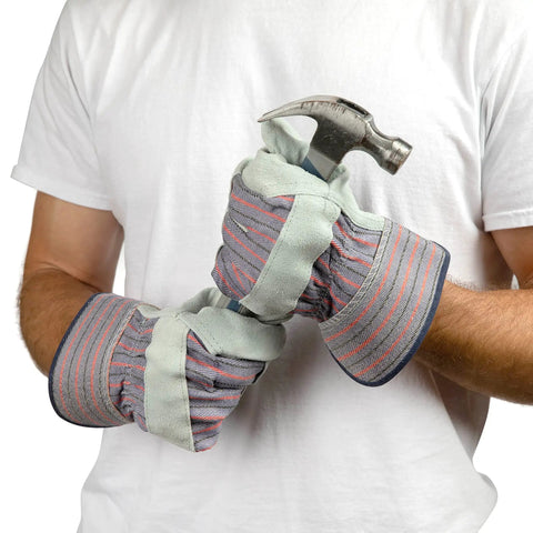 Person holding hammer wearing Cowhide Leather Work Gloves With Suede Finish Palm And Rubberized Safety Cuff, Breathable Cotton Back