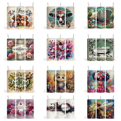 Dope 20 Oz Tumbler Sublimation Wrap Bundle With Ready To Press Transfers For Straight And Skinny Tumblers, floral and animal designs