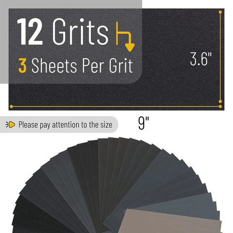 Pro Grade Sandpaper Set With Handle, 36 Sheets, 12 Grits Waterproof Silicon Carbide shown in size and grit variety display