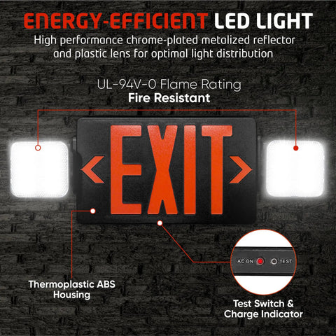 Ultra Bright LED Exit Sign With 90 Minute Battery Backup and Emergency Lights, fire-resistant thermoplastic ABS housing