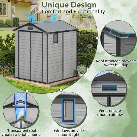 6x6 Ft Plastic Outdoor Storage Shed With Transparent Roof No Hassle Setup Resin Shed With Lockable Floor And Double Doors