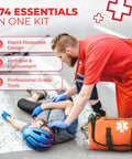 Fully Stocked EMT Trauma Bag, orange first aid kit with Star of Life emblem beside paramedic tending injured cyclist
