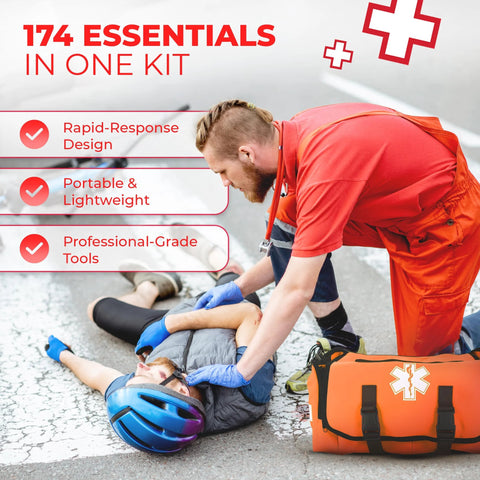 Fully Stocked EMT Trauma Bag, orange first aid kit with Star of Life emblem beside paramedic tending injured cyclist