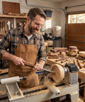 Man using 8-Piece HSS Wood Turning Tools Lathe Chisel Set With Teak Handles And Wooden Box for precise wood crafting on lathe