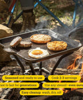 Seasoned Cast Iron Square Griddle Pan, 11 Inch Durable Cookware for Pancakes, Eggs, Bacon and Grilling Faves in outdoor campfire setting
