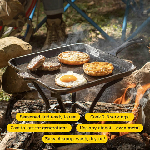 Seasoned Cast Iron Square Griddle Pan, 11 Inch Durable Cookware for Pancakes, Eggs, Bacon and Grilling Faves in outdoor campfire setting