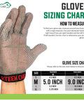 Stainless Steel Cut Resistant Glove For Meat Handling And Food Prep Tough As Nails Heavy Duty Chainmail Butcher Glove With Adjustable Buckle and sizing chart with palm and length measurements for medium size glove.