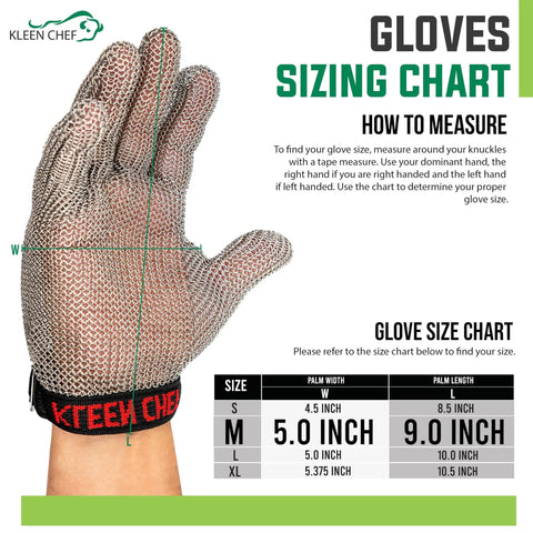 Stainless Steel Cut Resistant Glove For Meat Handling And Food Prep Tough As Nails Heavy Duty Chainmail Butcher Glove With Adjustable Buckle and sizing chart with palm and length measurements for medium size glove.