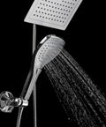 9 Inch Rainfall Shower Head And Handheld Combo with push button flow control, chrome, water spraying, black background