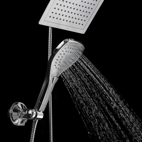 9 Inch Rainfall Shower Head And Handheld Combo with push button flow control, chrome, water spraying, black background