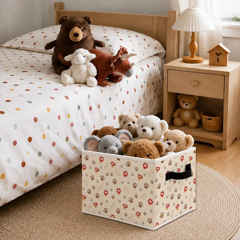 Chill Out The Clutter With These Adorable Dog Paw Print Foldable Storage Bins featuring stuffed animals in a child's bedroom.