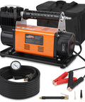 Heavy Duty Portable 12V Air Compressor Kit And Tire Inflator Beast With 150 Psi and accessories including hose and gauge.