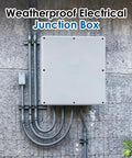 Heavy Duty Waterproof Junction Box With Pre Punched Cutouts For Outdoor Wiring mounted on wall with cables, plastic electrical enclosure.