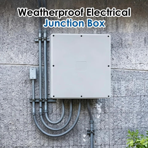 Heavy Duty Waterproof Junction Box With Pre Punched Cutouts For Outdoor Wiring mounted on wall with cables, plastic electrical enclosure.