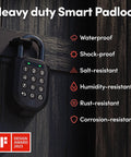 Heavy Duty Smart Padlock With App Shared Access Waterproof Rechargeable Bluetooth Security Lock For Bike Racks And Storage Boxes on a wooden door