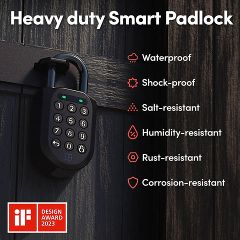 Heavy Duty Smart Padlock With App Shared Access Waterproof Rechargeable Bluetooth Security Lock For Bike Racks And Storage Boxes on a wooden door