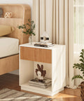Fluted Nightstands Set Of 2 Dope Modern Bedside Tables With Drawer And Storage Shelf White Oak Finish For Bedroom Living Room Office Mid Century Vibe Collection beside beige bed with books and vase