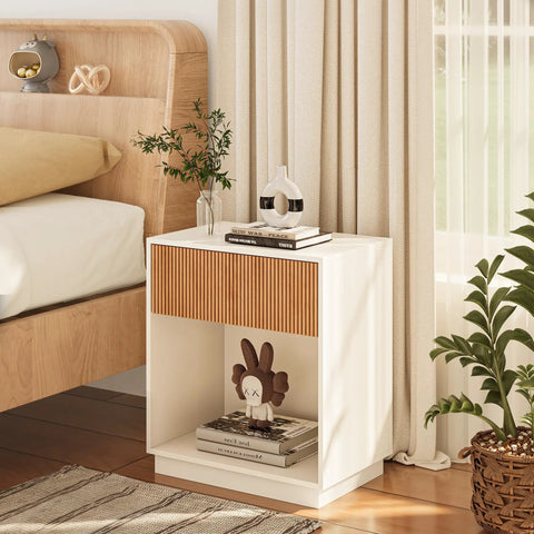 Fluted Nightstands Set Of 2 Dope Modern Bedside Tables With Drawer And Storage Shelf White Oak Finish For Bedroom Living Room Office Mid Century Vibe Collection beside beige bed with books and vase