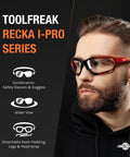 Foam Padded Safety Glasses With Clear Lens, ANSI Z87.1 Rated, U6 UV Protection, Adjustable Headband, Case And Cleaning Cloth Included, Pro Grade Impact Resistant Eyewear For Job Site Ready DIY Pros displayed on model